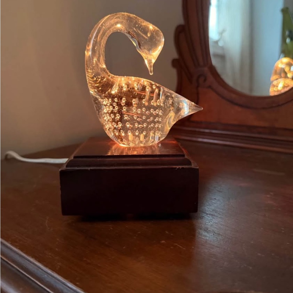 Vintage Glass Swan Night Light by Price Wooden Base